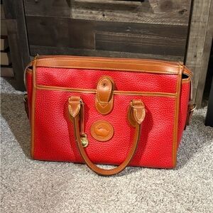 Dooney & Bourke Red Leather Travel Satchel with Brown Trim
